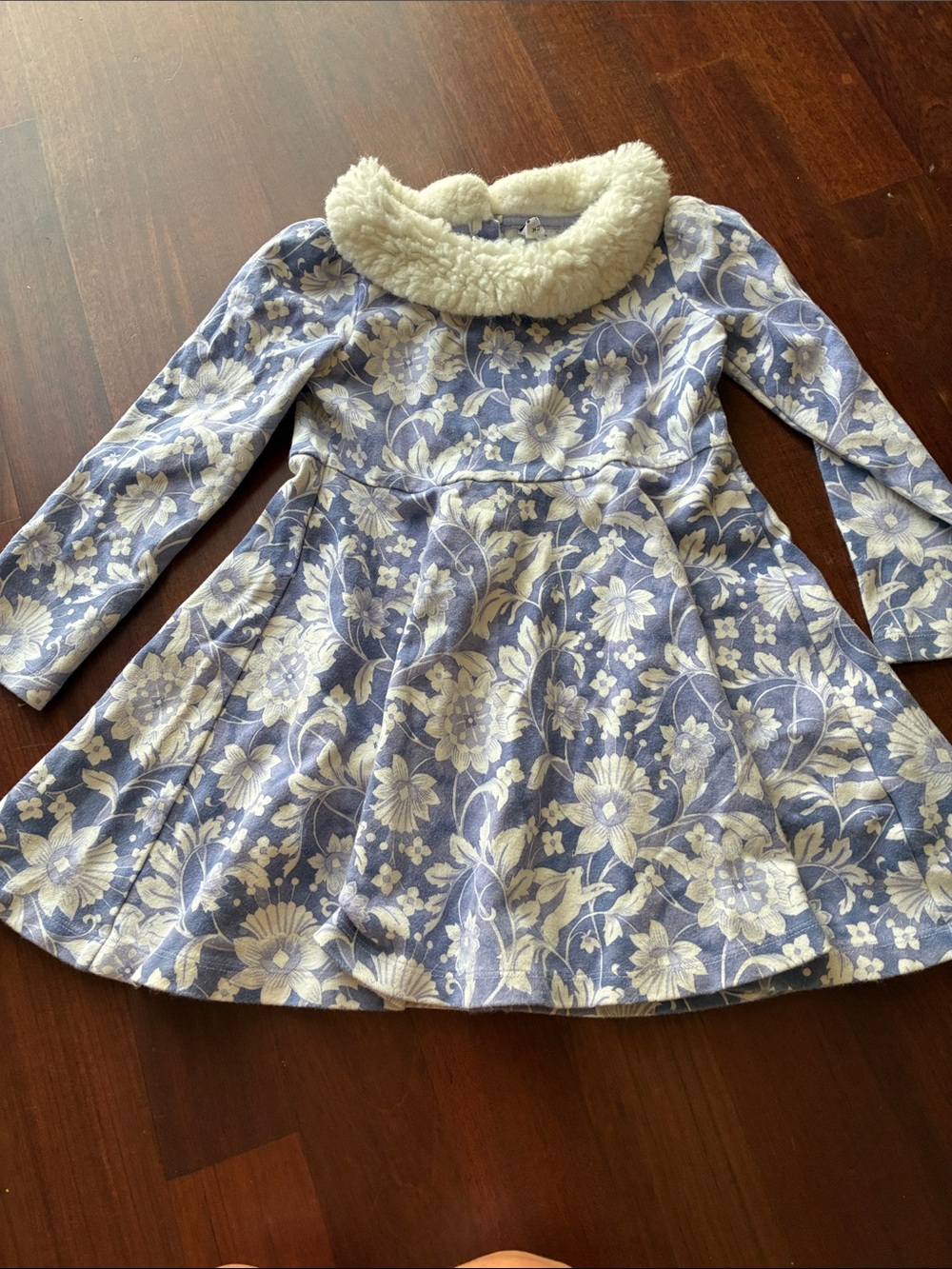 Janie and Jack Blue Floral Dress with Cream Faux-Fur Collar